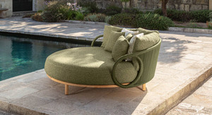 ROBD-010 Lit de Jardin Moderne en Rotin avec Coussin Vert, Cadre en Bois de Teck, Mobilier de Jardin Contemporain Résistant aux Intempéries, Siège Individuel - Product Image 4