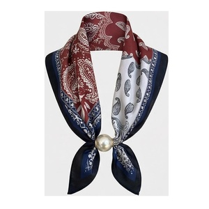 Elegant Women's <b>Square</b> Silk <b>Scarf</b> With Pearl Clasp Red Blue White Paisley Print Multi-Functional Fashion Accessory All Seasons - Product Image 1