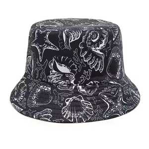 Sombrero de Pescador Unisex, Blanco y Negro, con Estampado de Vida Marina, Lona de Poliéster, Casual, para Playa, Primavera, Verano, Adultos - Product Image 2