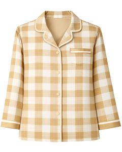 Custom Beige <b>Check</b> Women <b>Pajama</b> Set Long Sleeve Button Down Nightwear Soft Cotton Two Piece Sleepwear Comfortable Lounge Set - Product Image 3