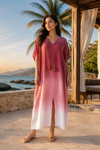 Robe longue kaftan bohème rose tie-dye personnalisée OEM pour femme, col en V, coupe moderne, 100 % coton écologique, toutes saisons, paréo de plage - Product Image 6