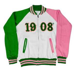 Chaqueta de forro polar verde y rosa con bordado de chenilla de letras griegas, estilo universitario, poliéster premium, cálida, con cremallera, para invierno, cuello alto - Product Image 1