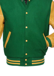 Veste bomber de baseball en laine verte avec manches en cuir jaune doré pour homme - Product Image 6