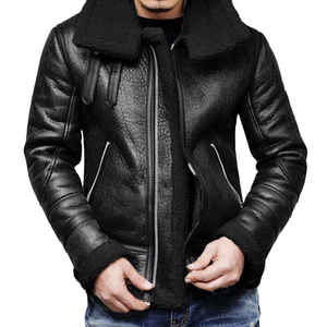 Veste de moto en cuir véritable pour homme avec doublure en fausse fourrure, fermeture éclair, vêtement d'extérieur d'hiver, coupe classique, noir - Product Image 1