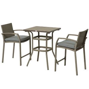 Set da 3 Pezzi per Esterni: Tavolo Effetto Legno e 2 Sgabelli in Rattan Intrecciato, Resistente alle Intemperie, Grigio, per Veranda o Giardino - Product Image 1