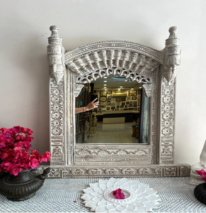 This rustic, distressed white <b>small</b> wall <b>mirror</b> features a charming, carved archway shape available at wholesale prices. - Product Image 6
