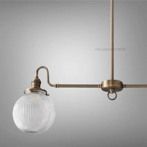 Brass LED Chandelier Ribbed Metal <b>Globe</b> Shades 2 Linear Pendant Adjustable Height Italian Mid Century Ceiling Kitchen Dining - Product Image 4