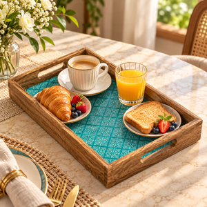Plateau en émail géométrique bleu sarcelle |   Plateau de service en bois naturel avec poignées découpées, décoratif pour la salle à manger, la cuisine, la maison, la table, cadeau, accent décoratif - Product Image 4