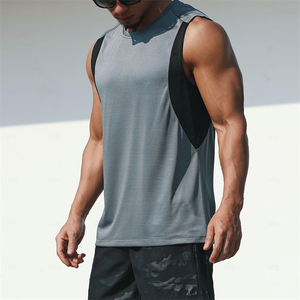 Camiseta sin mangas para hombre, gris y amarilla, con bloques de color, cuello redondo, de secado rápido, con estampado de leopardo, formal, 100% poliéster, anti-bolitas. - Product Image 5