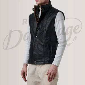 Chaleco de Cuero Genuino Negro Personalizado para Hombre, Cuello Alto, Cierre Frontal con Cremallera, Corte Ajustado, Sin Mangas, Chaqueta Casual de Moda - Product Image 1