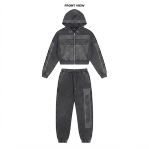 Conjunto de chándal de dos piezas para mujer: Sudadera con capucha corta con cremallera y pedrería, lavado ácido, y pantalones de chándal de pierna ancha - Product Image 4