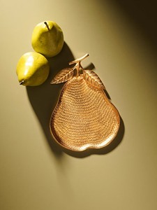 Gold Pear-Shaped <b>Decorative</b> Serving <b>Plate</b> with Leaf Handle Textured Aluminum Fruit Tray for Party Table Decor Eco-Friendly - Product Image 3