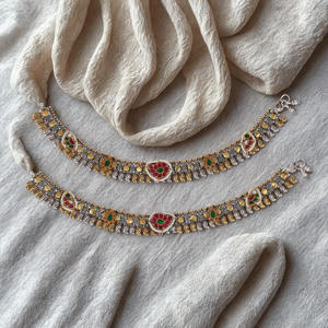 Traditional Kundan Anklets for Women Classic Oxidized Silver with Gold Leaf Charms Ethnic Foot Jewelry - Product Image 3
