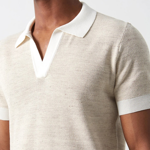 Polo en coton tricoté pour homme, manches courtes, couleur unie, respirant, style décontracté, rose clair avec bordure blanche - Product Image 5