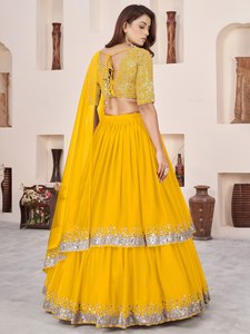 Yellow Lehenga Choli Set Soft Georgette Chiffon Woven <b>Silver</b> Sequin Lace Border Flowy Skirt and Blouse for Wedding - Product Image 4