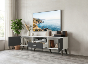 Meuble TV moderne en aggloméré blanc et gris foncé de 180 cm, modèle TV6074, avec 2 portes, 1 tiroir, glissières métalliques, rangement pour téléviseurs 65+ pouces, appartement, villa - Product Image 2