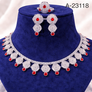 Classic Gold Plated Alloy Jewelry Set With <b>Ruby</b> Flower <b>Necklace</b> Earrings Ring For Women Wedding A-23113 - Product Image 6