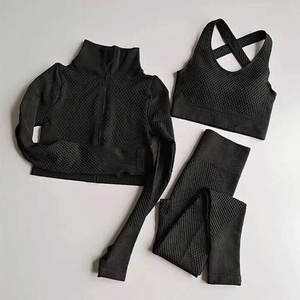 Black 3 Piece Yoga Set Turtleneck <b>Crop</b> <b>Top</b> Crisscross Bra High Waist Leggings Breathable <b>Mesh</b> Seamless Full Length - Product Image 1