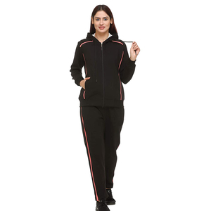 Ensemble de survêtement noir à capuche pour femmes, avec bordure rose, sweat-shirt à fermeture éclair sur toute la longueur et pantalon à poches latérales, vêtements décontractés d'automne - Product Image 1
