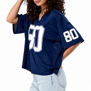 Custom Womens Oversized Football Jersey Navy Mesh V Neck Number Print Streetwear <b>Shirt</b> Wholesale - Product Image 1