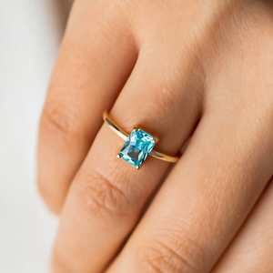 Anillo Solitario de Aguamarina con Corte Esmeralda, Piedra de Nacimiento de Agosto, Religioso, para Mujer, Plata de Ley 925, Chapado en Oro de 14K, Delicado y Apilable - Product Image 5