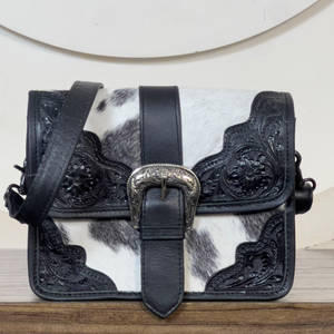 Premium Black Tooled Genuine Leather Women <b>Messenger</b> <b>Bags</b> Western Style Floral Buckle Design Crossbody Female Shopping Handbags - Product Image 2