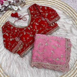 ชุดส่าหรีผ้าซาตินไหมพรมปักลายประดับเลื่อมหลากหลายแบบ ดีไซน์เนอร์สำหรับงานปาร์ตี้ พร้อมเสื้อปักสำเร็จรูป - Product Image 1