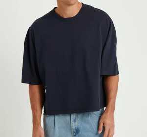 Camiseta de Algodón Azul Marino Extra Grande para Hombre, Manga Corta, Cuello Redondo, Informal, Color Sólido, Tejido de Punto Jersey, Transpirable, 220g, Logotipo Frontal - Product Image 1