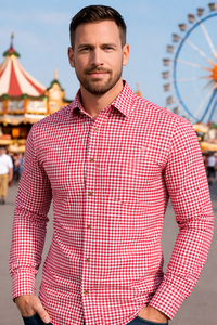 <b>Men</b>’s <b>Red</b> Bavarian Trachten Oktoberfest Cotton Long Sleeve <b>Shirt</b> German Heritage S to 4XL - Product Image 4