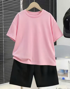 Pink O-Neck Short Sleeve T-Shirt Black Shorts 2pcs Casual Summer Set Unisex Breathable Quick Dry Polyester/Cotton Solid Clothing - Product Image 2
