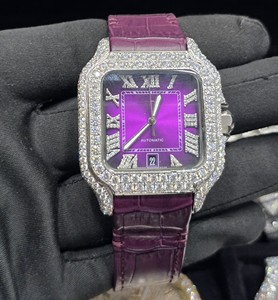 Reloj de Lujo para Mujer, Estilo Elegante, Totalmente Cubierto de Diamantes y Correa de Cuero de Cocodrilo Morado, Alta Calidad, Automático, con Moissanita Real - Product Image 4