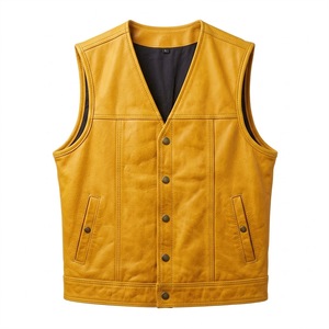 Gilet vintage en cuir véritable pour homme, col en V, jaune uni, simple boutonnage, avec poches - Product Image 1
