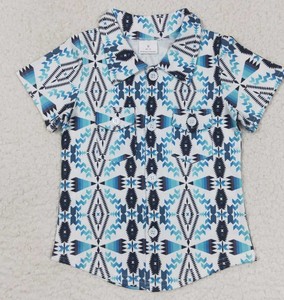 Chemise décontractée à manches courtes pour garçons, imprimé cactus aztèque occidental, col rabattu, motif géométrique, coupe régulière - Product Image 3