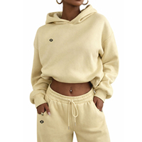 Ensemble de survêtement décontracté à capuche pour femme, grande taille, pour la gym et l'entraînement, couleur unie, deux pièces, 100 % coton, personnalisable