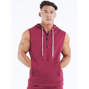 Hoodies sans manches pour hommes 100% coton, coupe slim, avec cordon de serrage personnalisé, pour l'hiver, demi-zip - Product Image 1
