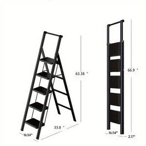 Multi-Purpose 5-Step Folding Steel <b>Ladder</b> with Anti-Slip Wide Pedals Lightweight Easy-Carry Handle for Home or Office Use - Product Image 2