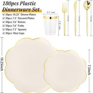 EI 180pcs Beige Plastic <b>Dinnerware</b> <b>Set</b> 30 Heavy-Duty Disposable Party Plates with Gold Plastic Silverware for Parties - Product Image 6