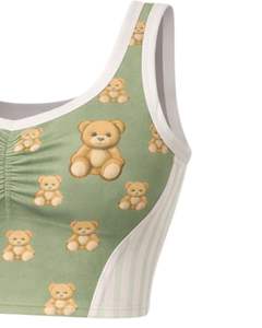 Ensemble deux pièces vert sauge pour femme, imprimé ourson, composé d'un crop top sans manches et d'une mini-jupe taille haute, tenue douce et extensible - Product Image 4