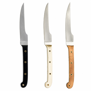 Tres cuchillos delgados para deshuesar con hojas curvas plateadas, mangos negros, blancos y marrones naturales, y empuñaduras remachadas para el recorte de carne. - Product Image 1