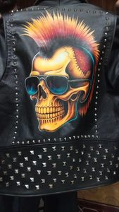 Chaqueta de cuero con tachuelas estilo punk rock extremo para motocicleta, cuello alto, parche de calavera con pinchos, diseño patchwork, cremallera de verano, casual elegante - Product Image 4