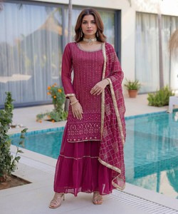 FANCY GEORGETTE EMBROIDERY SEQUENCE ZARI WORK <b>TOP</b> SHARARA WITH DUPATTA <b>FESTIVE</b> WEAR WHOLESALE PRICE ETHNIC GARMENT PINK - Product Image 2