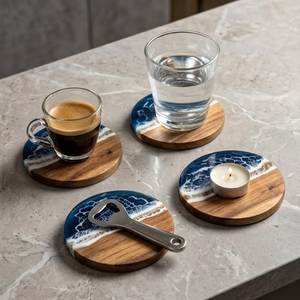 Emerald Handmade Ocean Wave <b>Epoxy</b> Resin Coaster Set Round Wood Coasters With <b>Epoxy</b> Inlay Modern Non Slip <b>Table</b> Mats Coasters - Product Image 6