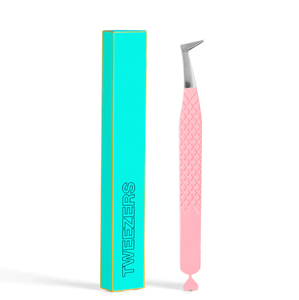 Pinzas para Extensión de Pestañas en Forma de L, Acero Inoxidable Antioxidante, Mango con Agarre Rosa, Herramienta Profesional para Artistas de Pestañas, Logotipo Personalizado - Product Image 1