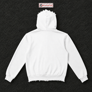 Sudadera con capucha blanca extragrande con cremallera completa, estampado de estrella roja y borde desgastado, estilo streetwear unisex de ajuste holgado - Product Image 6