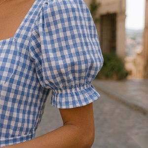 Robe courte à manches bouffantes en gingham bleu, col carré, coupe trapèze, robe d'été décontractée, respirante, en coton et polyester, motif tissé à carreaux - Product Image 5