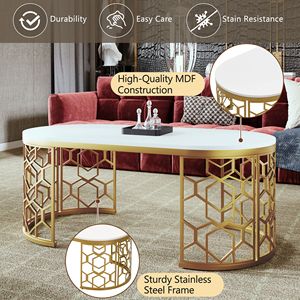Mesa de Centro Ovalada Moderna con Patrón Recortado, Marco de Acero Inoxidable de 47.2 Pulgadas, Diseño Metálico Elegante - Product Image 5