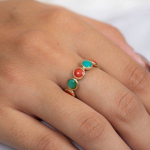 18K Yellow Gold Eternity Band with Coral and Turquoise Pave Setting - Product Image 3