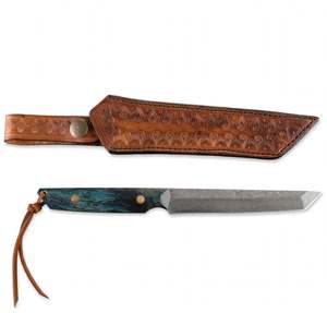 Cuchillo utilitario de acero de Damasco hecho a mano con mango de madera estabilizada azul y funda de cuero grabado. - Product Image 5