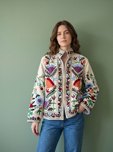 Chaqueta de Terciopelo Suzani Bordada con Flores Coloridas para Mujer, Transpirable, Tejida, con Bordado Botánico Artístico y Relleno de Algodón - Product Image 2