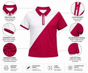 Top Selling Men's <b>Red</b> White Color Block <b>Polo</b> <b>Shirt</b> Short Sleeve Knitted Sporty Quick Dry 100% Polyester Button Closure Golf Top - Product Image 4